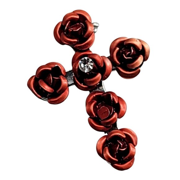 Red Enamel Rose Bud Cross Brooch Glass Rhinestone Accent Silver Tone Back - Picture 3 of 8
